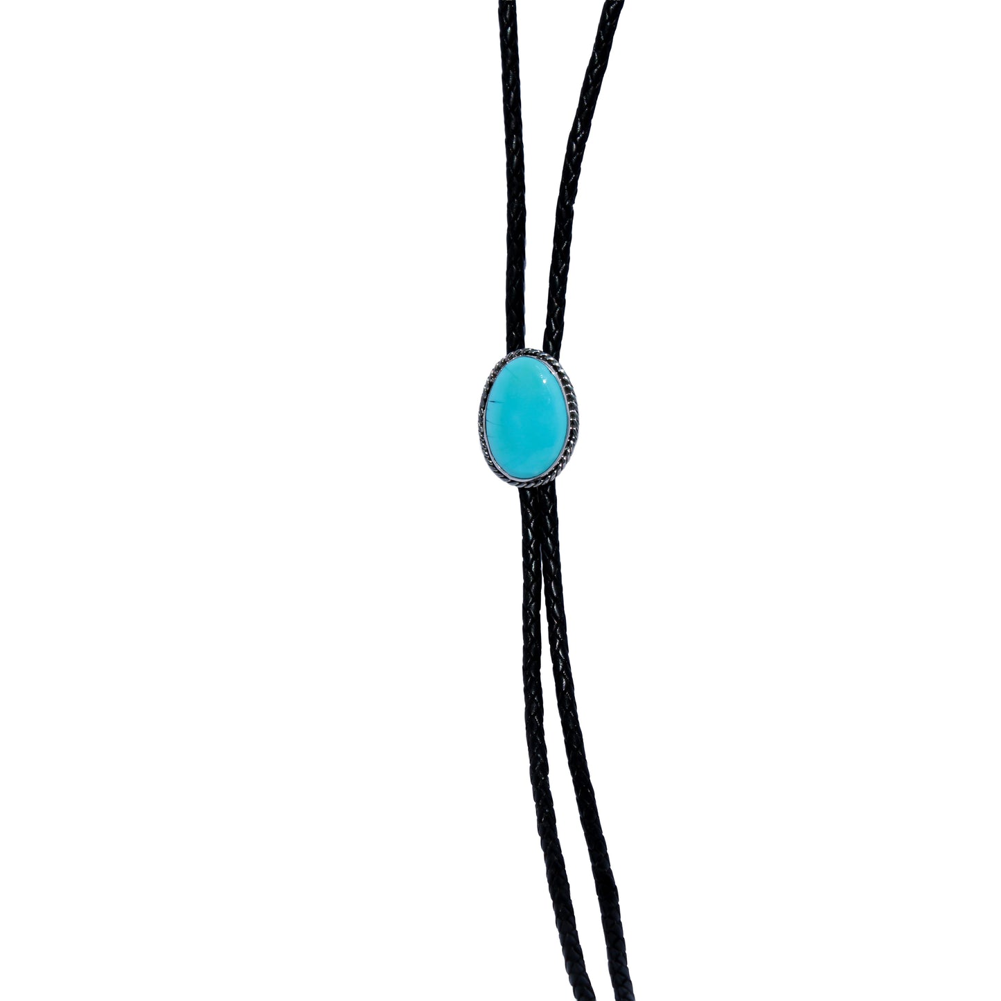 Native American Kingman Turquoise Bolo Tie – Sterling Silver Twisted Rope Bezel, Stamped VS