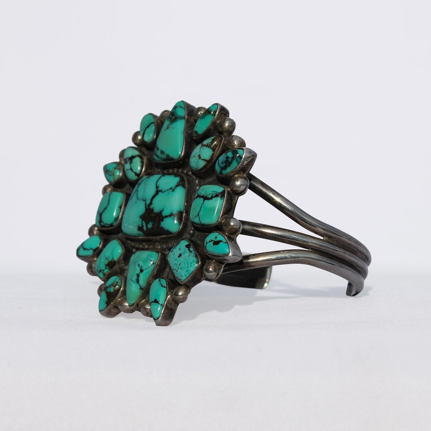 Spiderweb Kingman Turquoise Sterling Silver Navajo Cluster Bracelet