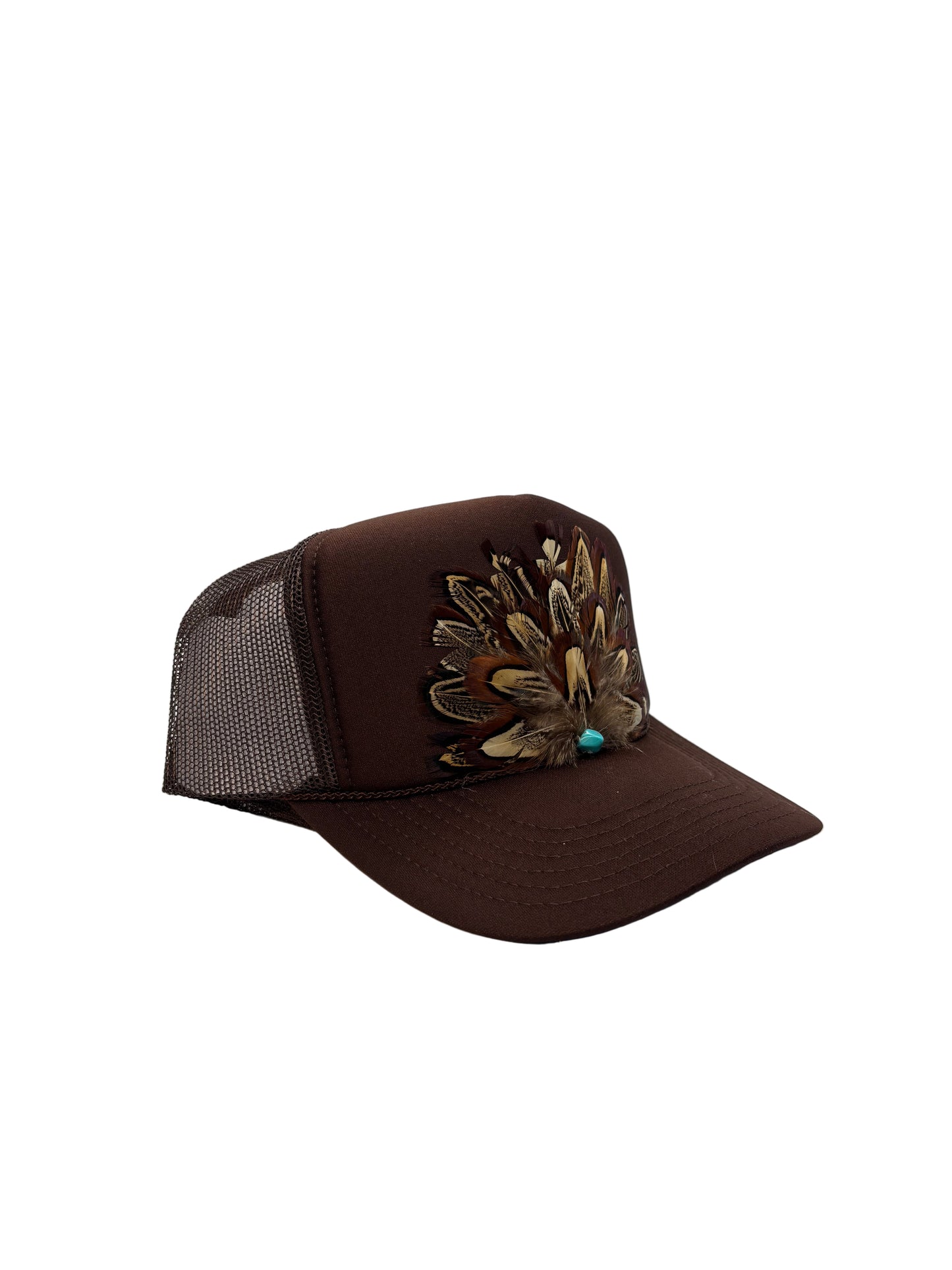 Brown decorative headband with gold leaves and a turquoise stone on a white background