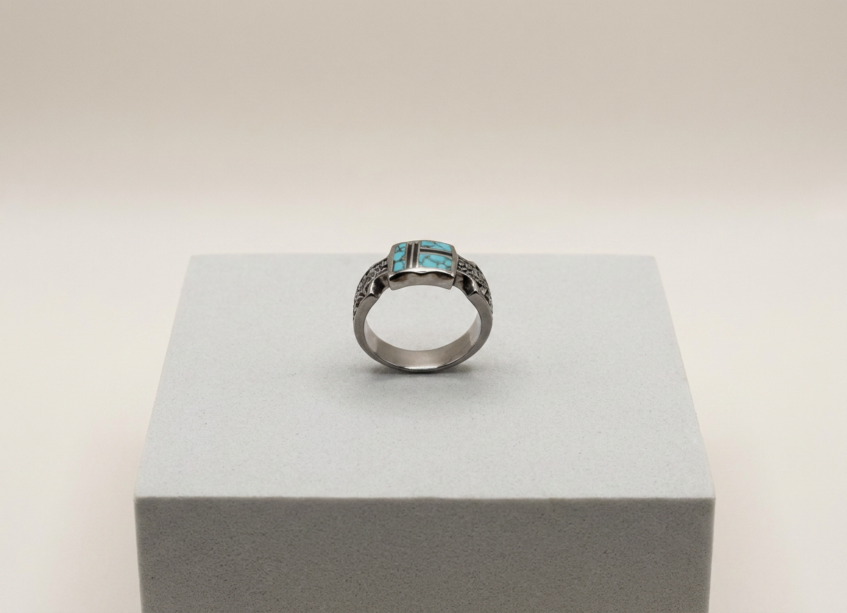 navajo Made Sterling & Turquoise Etched Band Ring