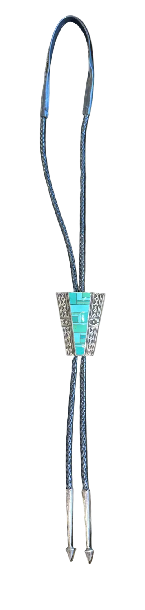 Bolo tie with turquoise stone and silver accents on a white background