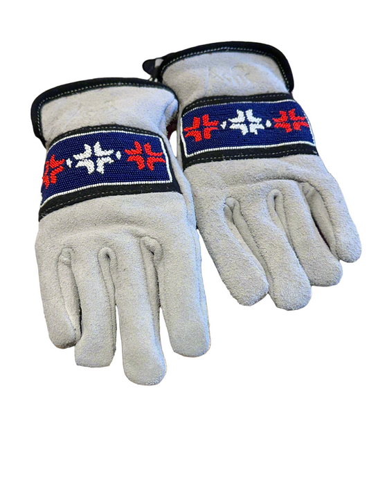 Pair of white gloves with red, white, and blue wristbands on a white background