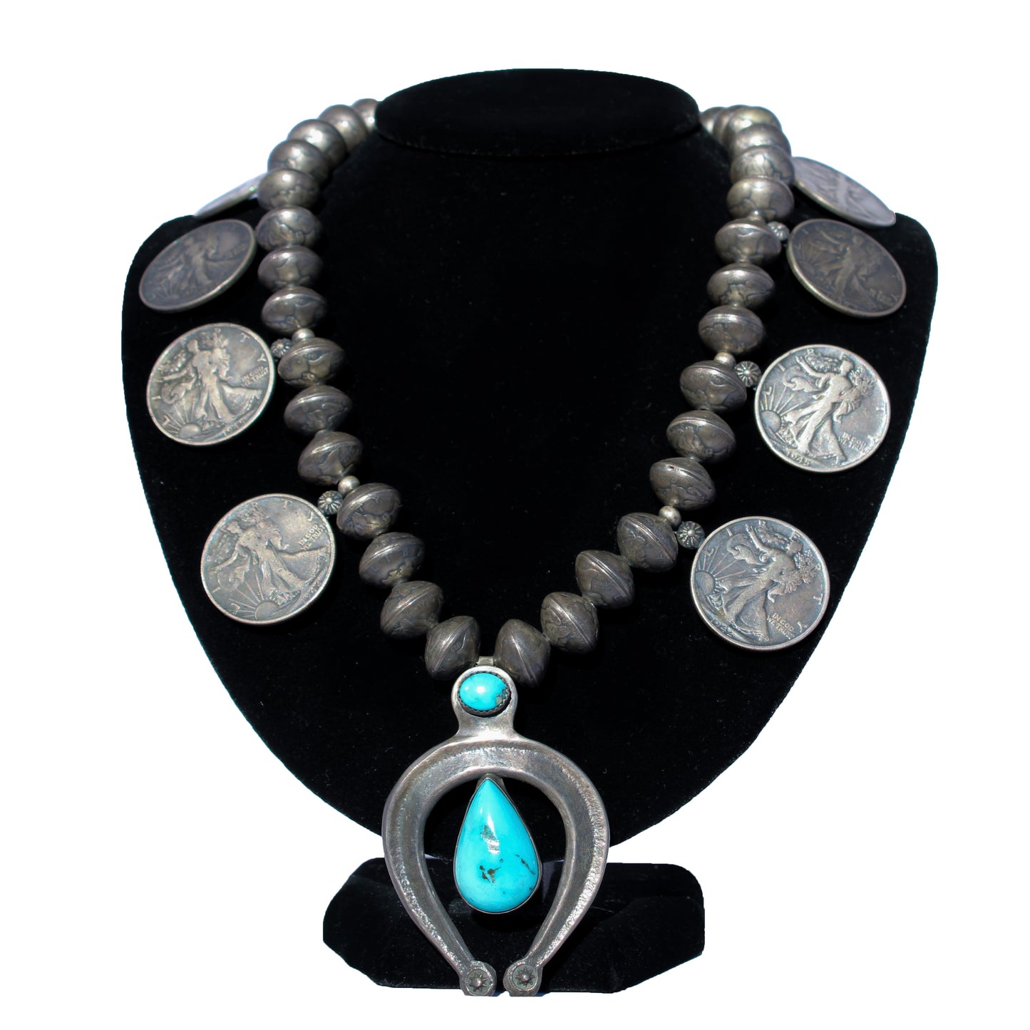 1950’s Coin Silver Navajo Necklace – Kingman Turquoise & Naja Pendant