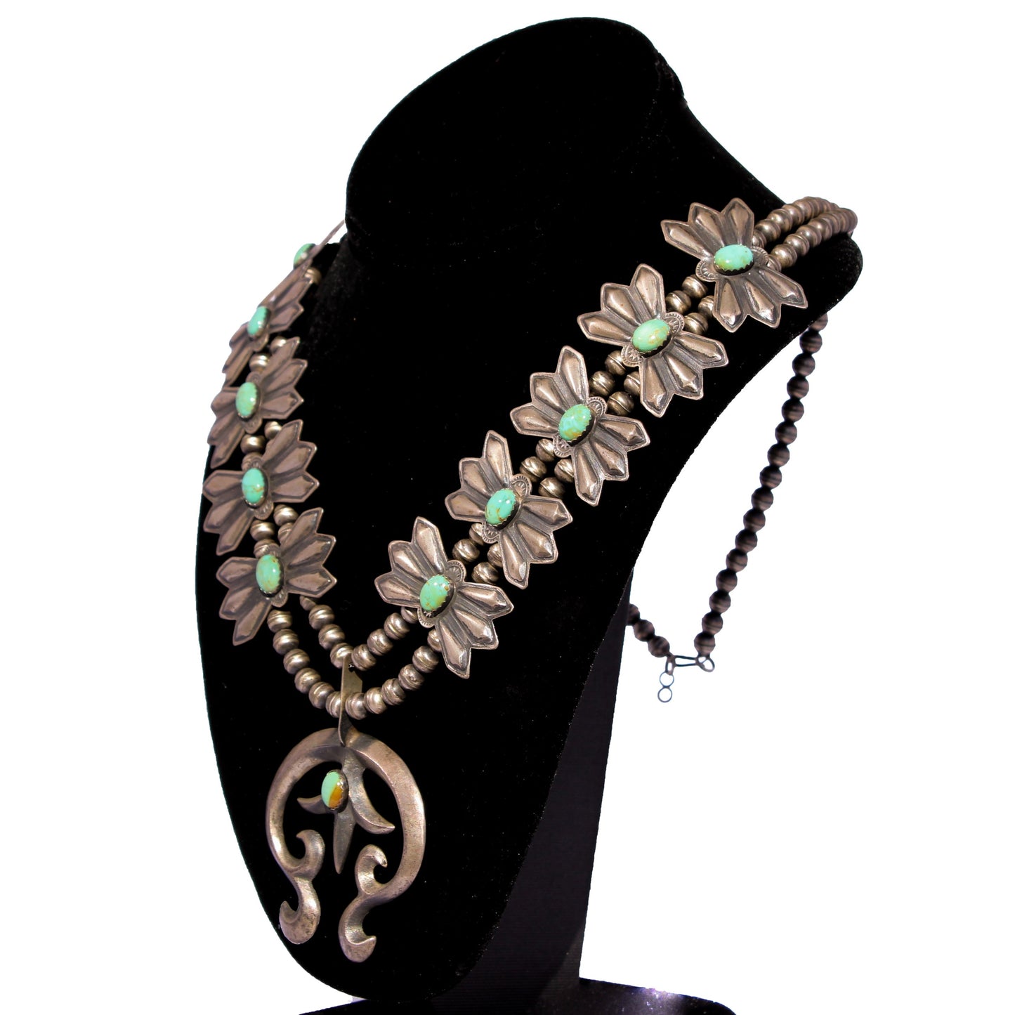 Vintage 1970s Native American Bow Tie Squash Blossom Necklace – Turquoise & Sterling Silver