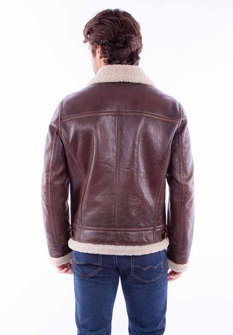 Brown Leather Zip-Up Jacket with Sherpa Collar
