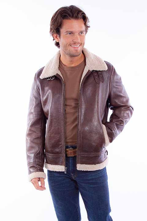Brown Leather Zip-Up Jacket with Sherpa Collar