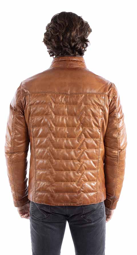 Brown Quilted Leather Zip-Up Jacket