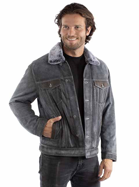 Scully Distressed Leather Button-Up Jacket with Faux Fur Collar