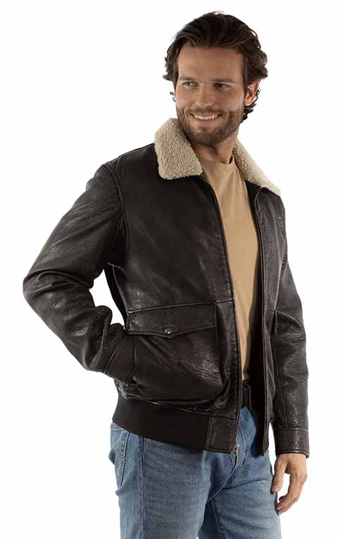 Scully Black Leather Zip-Up Jacket with Sherpa Collar