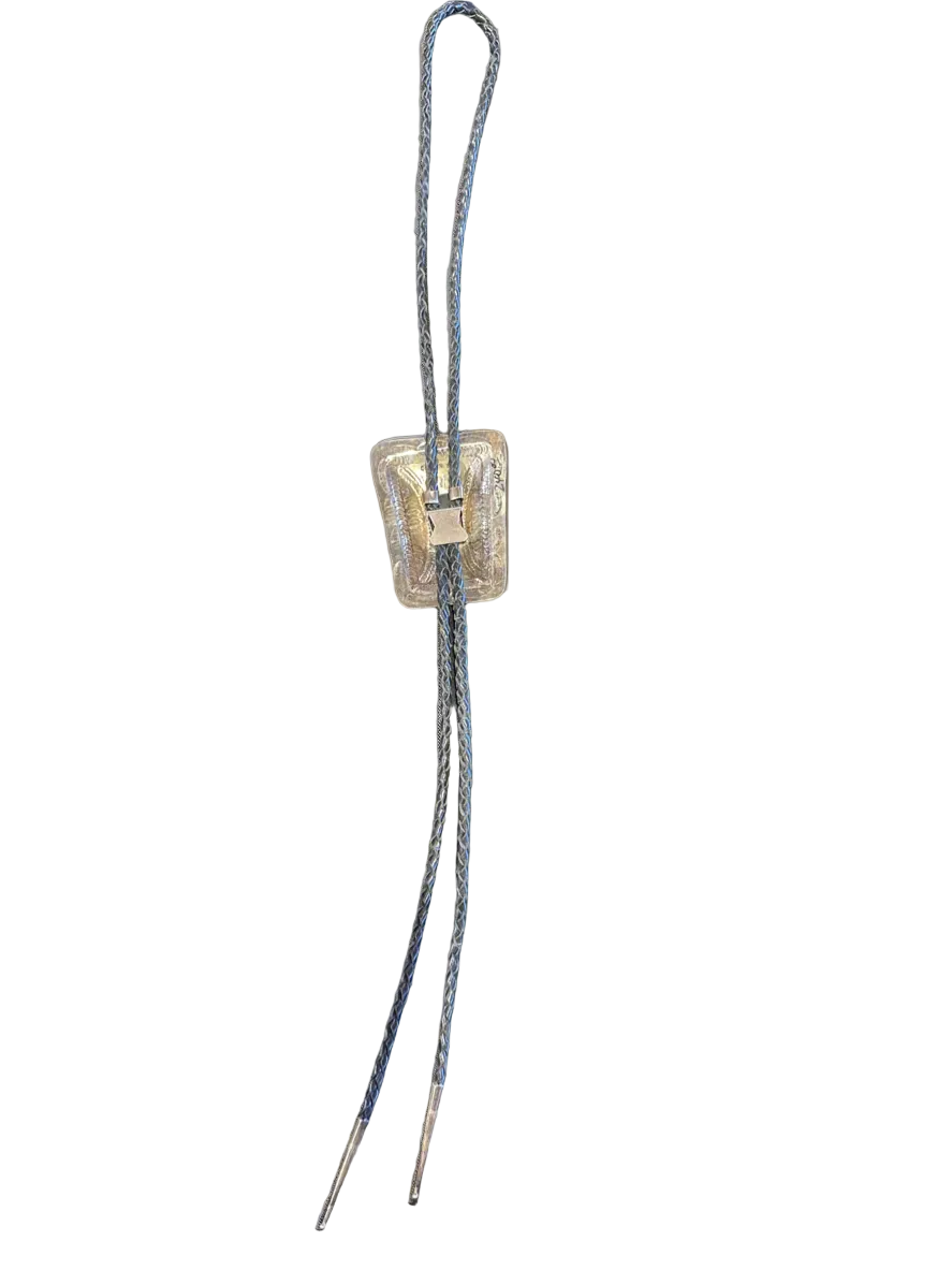 Bolo tie with a gold clasp on a gray background