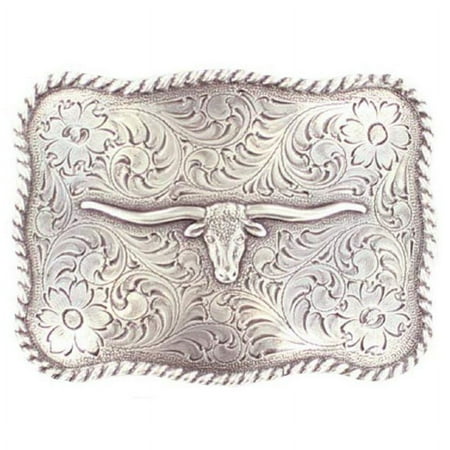 Western Rectangle Rope Edge Longhorn Floral Belt Buckle