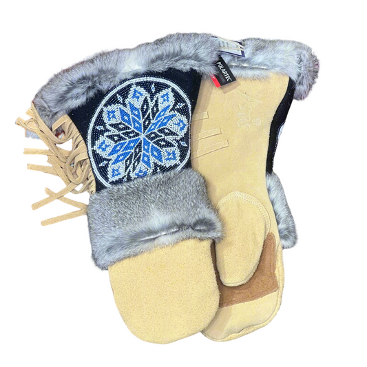 Pair of mittens with a decorative snowflake design on a white background
