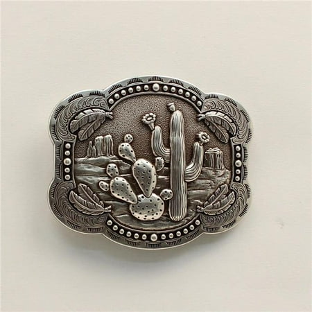 Western Rectangle Smooth Edge Cactus & Feather Belt Buckle