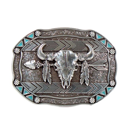 Western Rectangle Arrow Skull Feather Belt Buckle