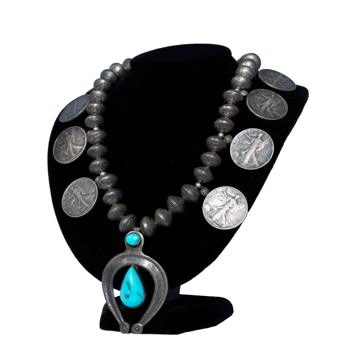 1950’s Coin Silver Navajo Necklace – Kingman Turquoise & Naja Pendant