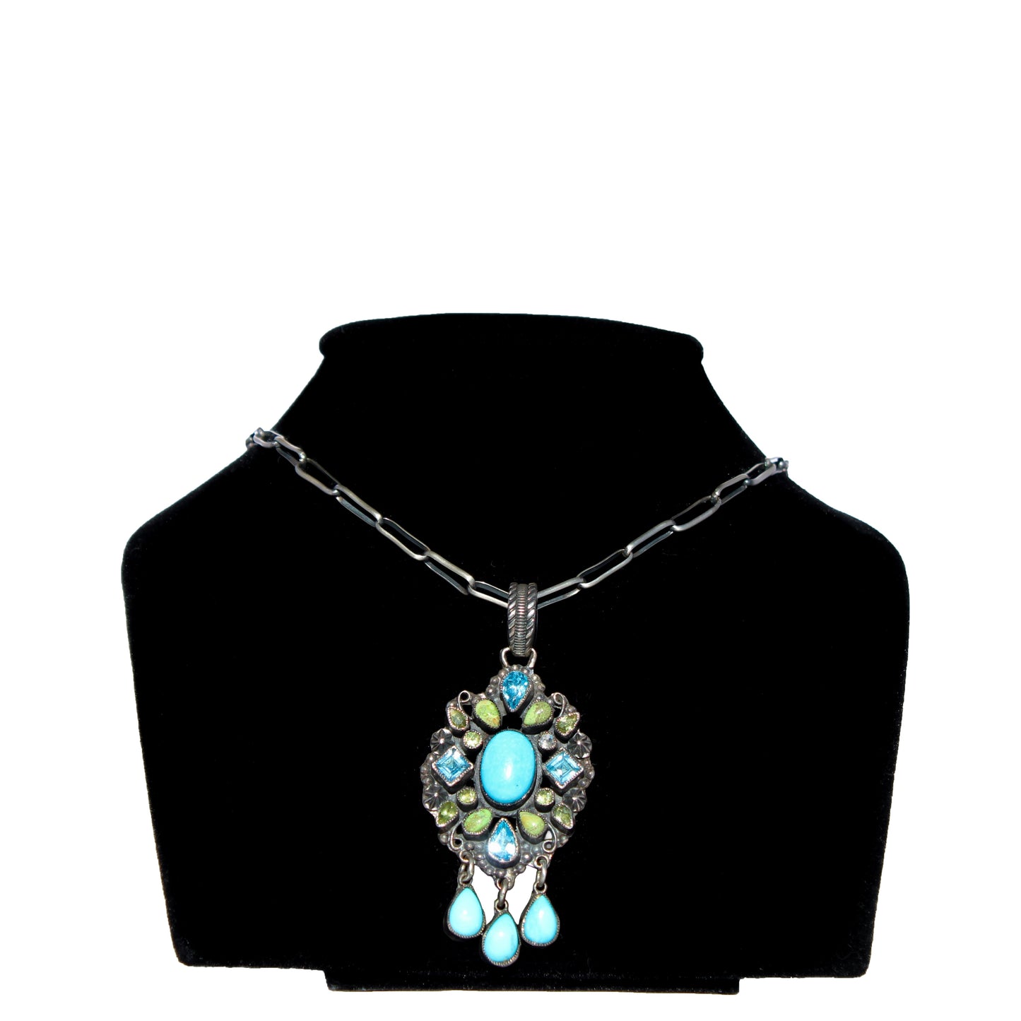 Leo Feeney Pendant – Blue Topaz, Kingman Turquoise & Gaspeite on 6mm Navajo Pearls