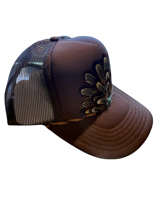 Handmade Feather Trucker Hat – Dark Brown with Leather Twist