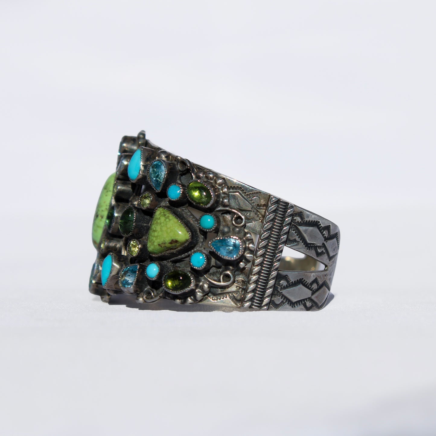 Leo Feeney Bracelet – Gaspeite, Green Peridot, Turquoise & Amethyst in Sterling Silver
