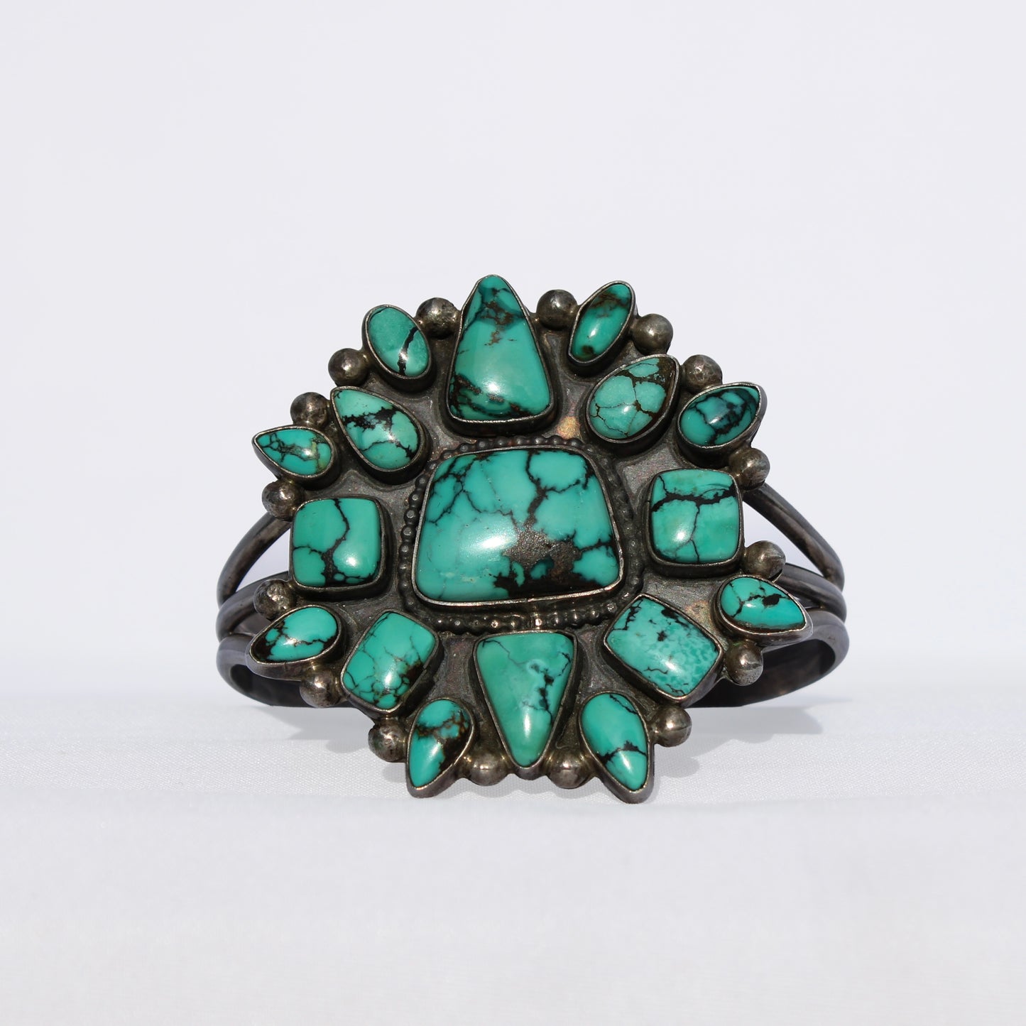 Spiderweb Kingman Turquoise Sterling Silver Navajo Cluster Bracelet