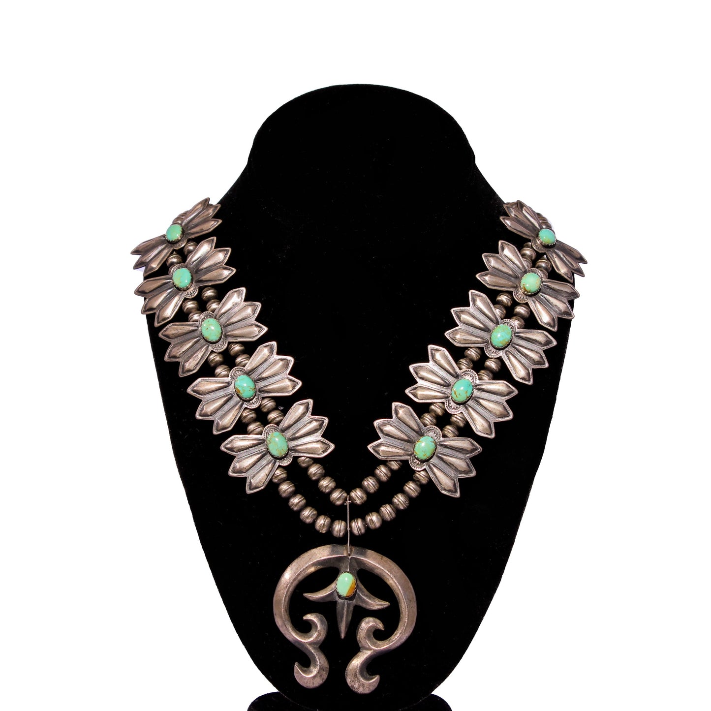 Vintage 1970s Native American Bow Tie Squash Blossom Necklace – Turquoise & Sterling Silver