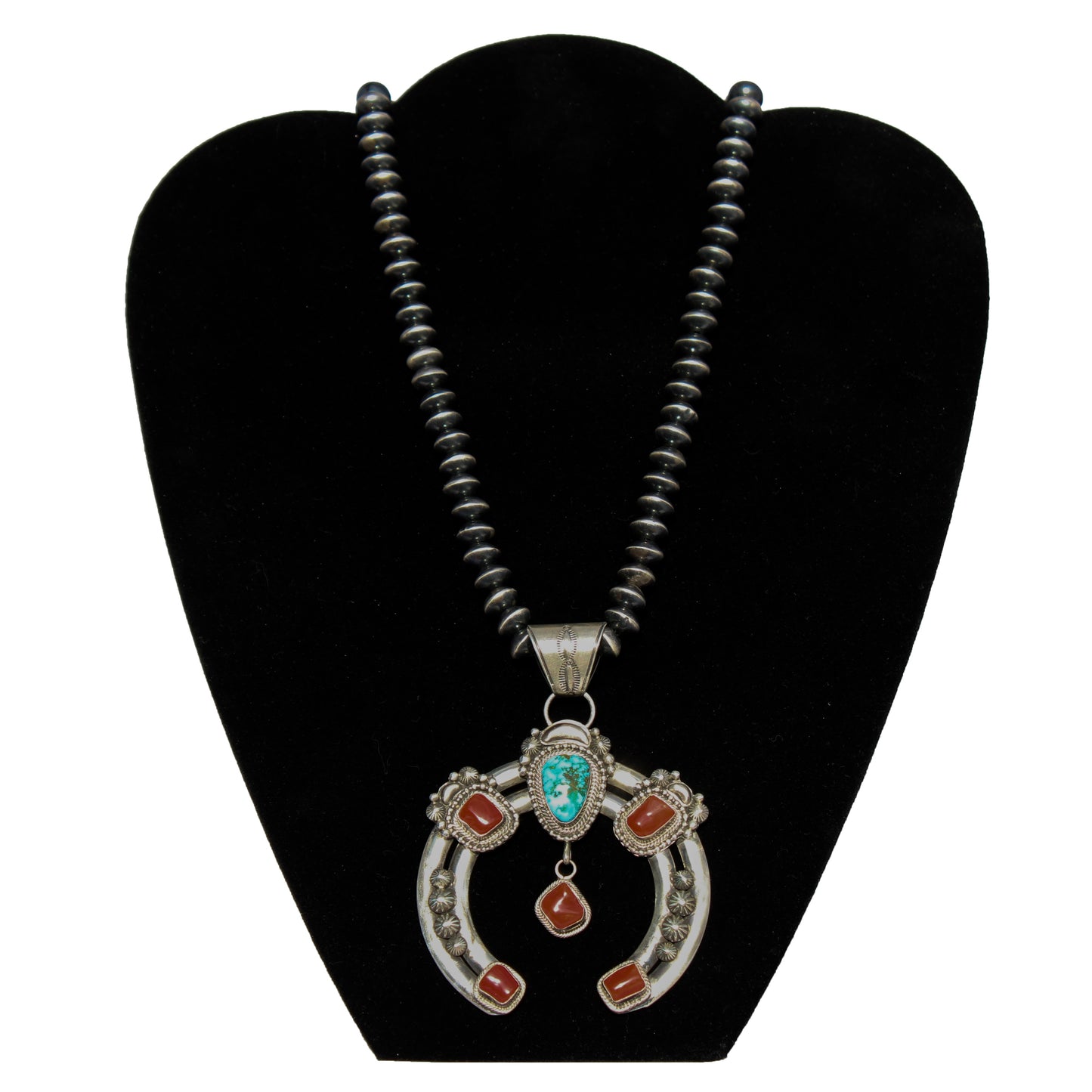 Sterling Silver Naja Pendant – Kingman Turquoise & Red Coral on 20" Saucer Bead Necklace by Sophie
