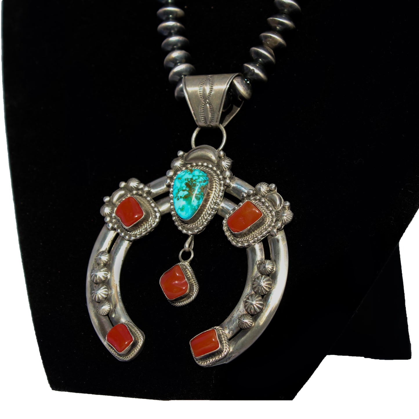 Sterling Silver Naja Pendant – Kingman Turquoise & Red Coral on 20" Saucer Bead Necklace by Sophie