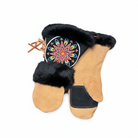 Pair of tan moccasins with black fur trim and a colorful star design on a white background