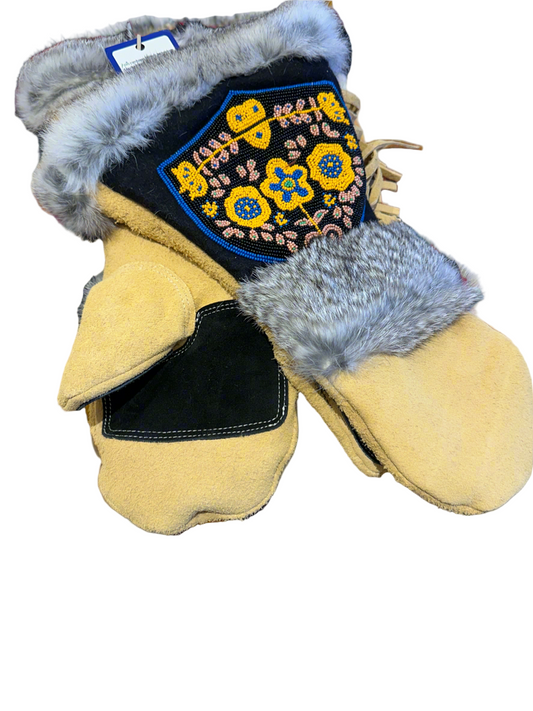 Pair of yellow mittens with gray fur trim and floral embroidery on a white background