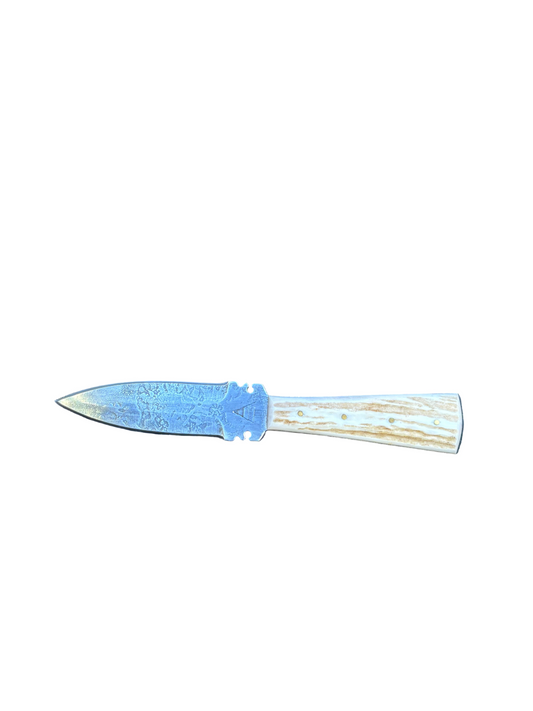 Decorative knife with a blue blade and wooden handle on a white background