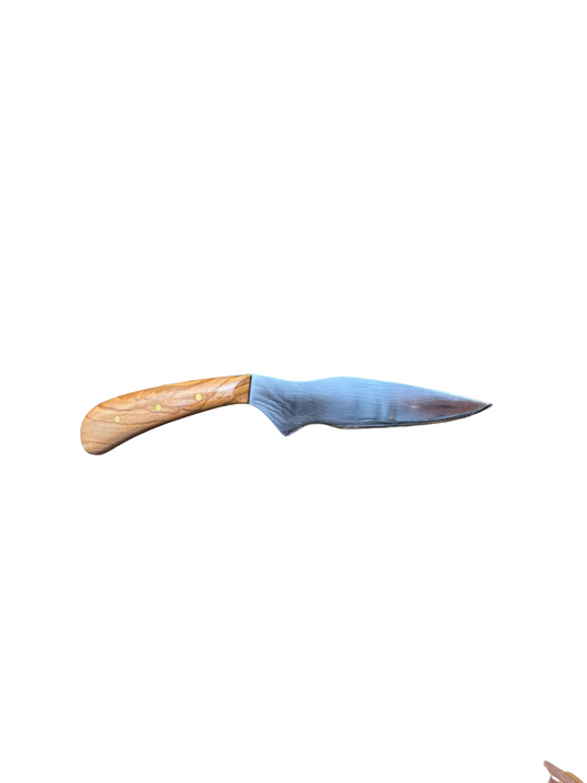 Knife with a wooden handle and blue blade on a white background