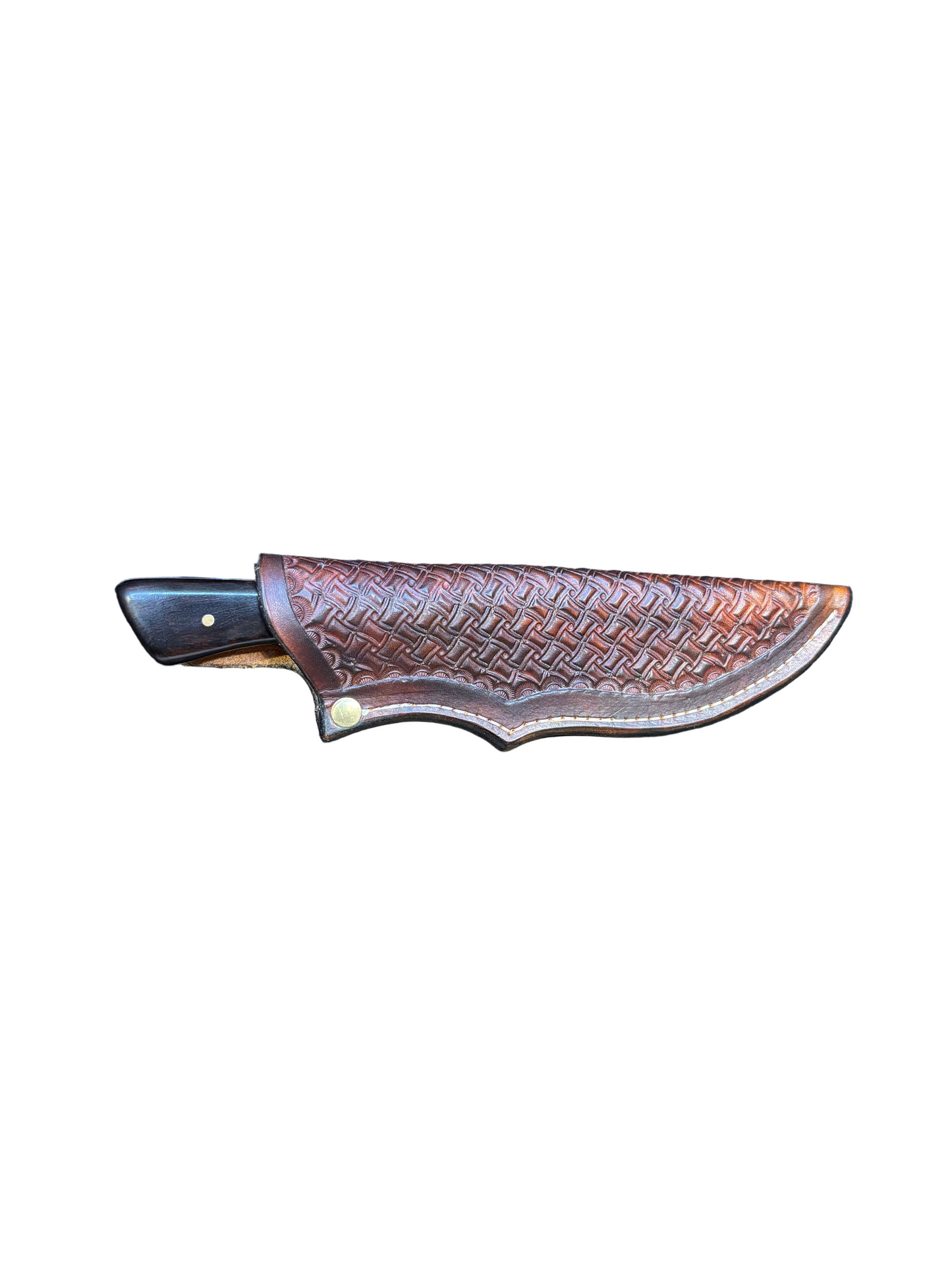 Decorative knife sheath with woven pattern on a white background