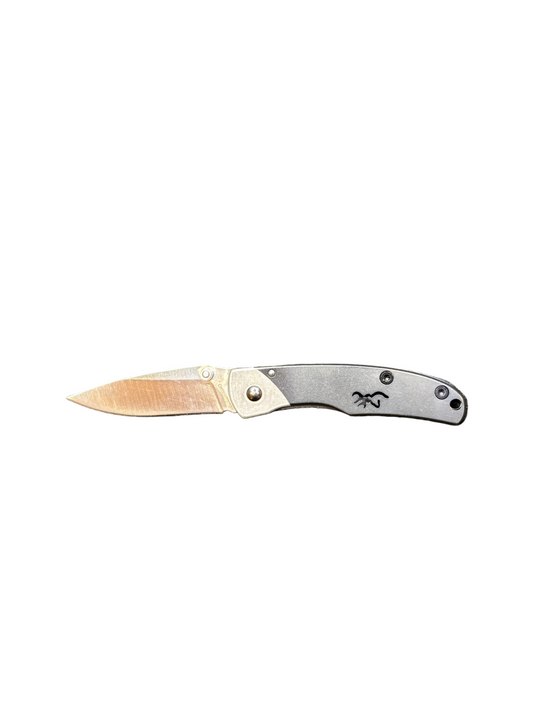 Folding knife with a visible brand logo on a white background