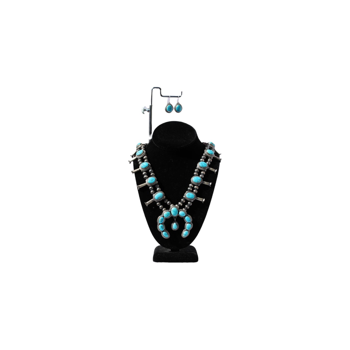Kingman Turquoise Squash Blossom Necklace & Earring Set – Sterling Silver