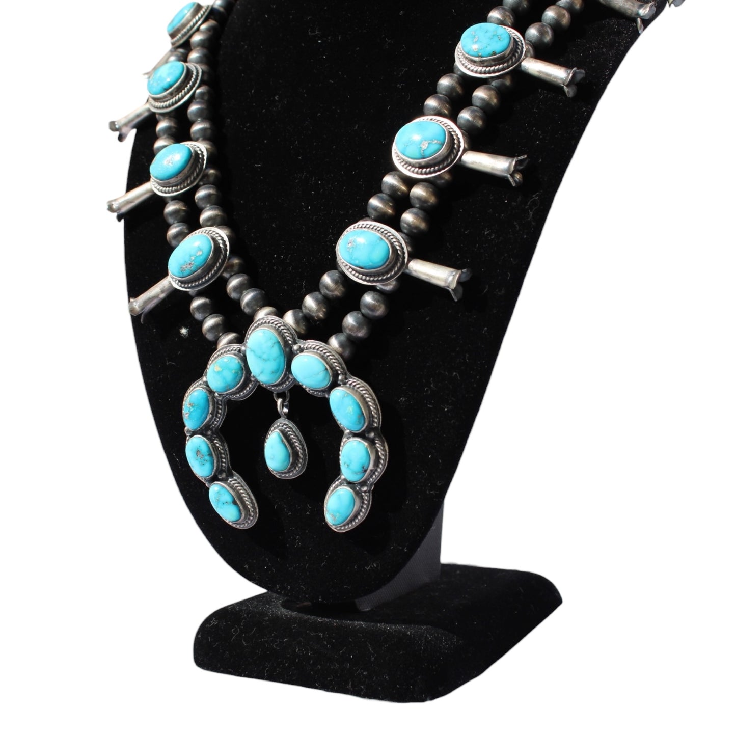 Kingman Turquoise Squash Blossom Necklace & Earring Set – Sterling Silver