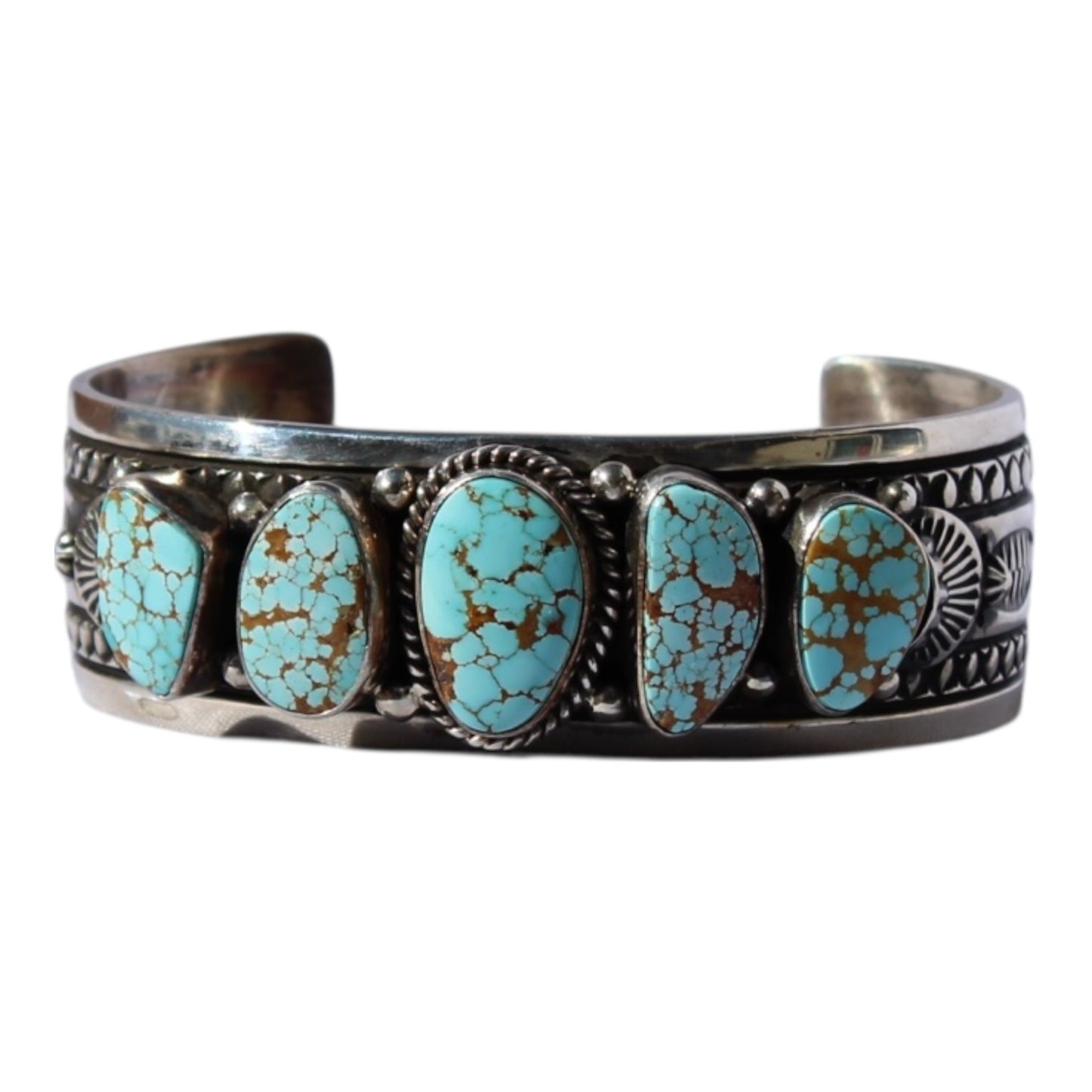 Handmade #8 Turquoise 5-Stone Cuff Bracelet – Sterling Silver