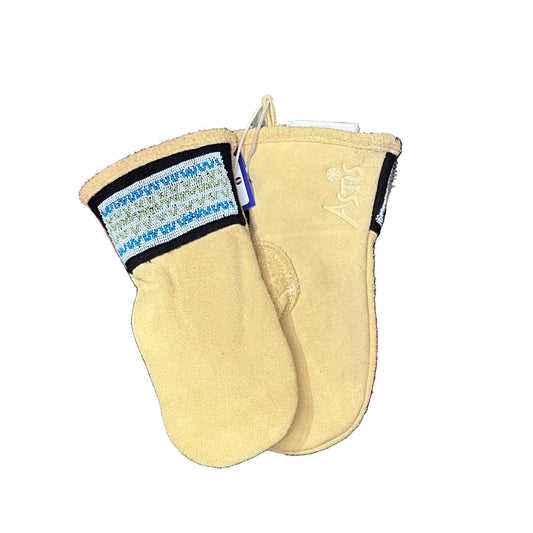 Pair of beige oven mitts with a decorative blue band on a white background