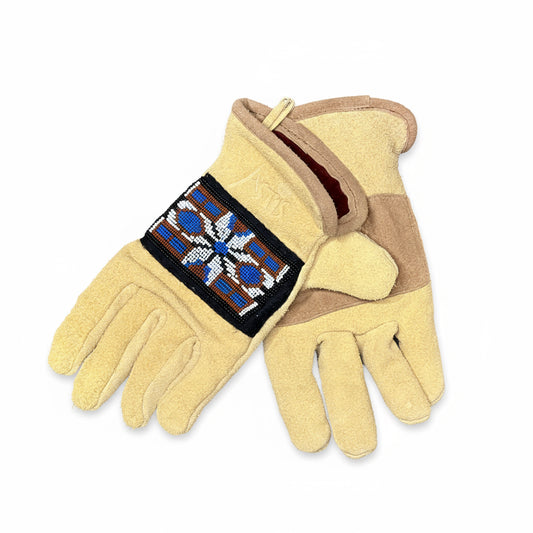 Pair of tan gloves with a decorative black band featuring blue and red patterns on a white background.