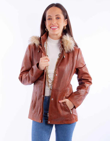 Brown Leather Scully Button-Up Jacket with Fur Hood