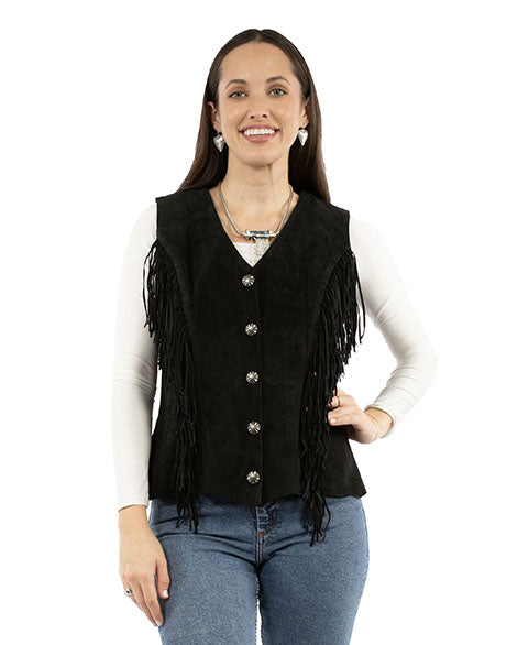 Black Leather Fringe Button-Up Vest