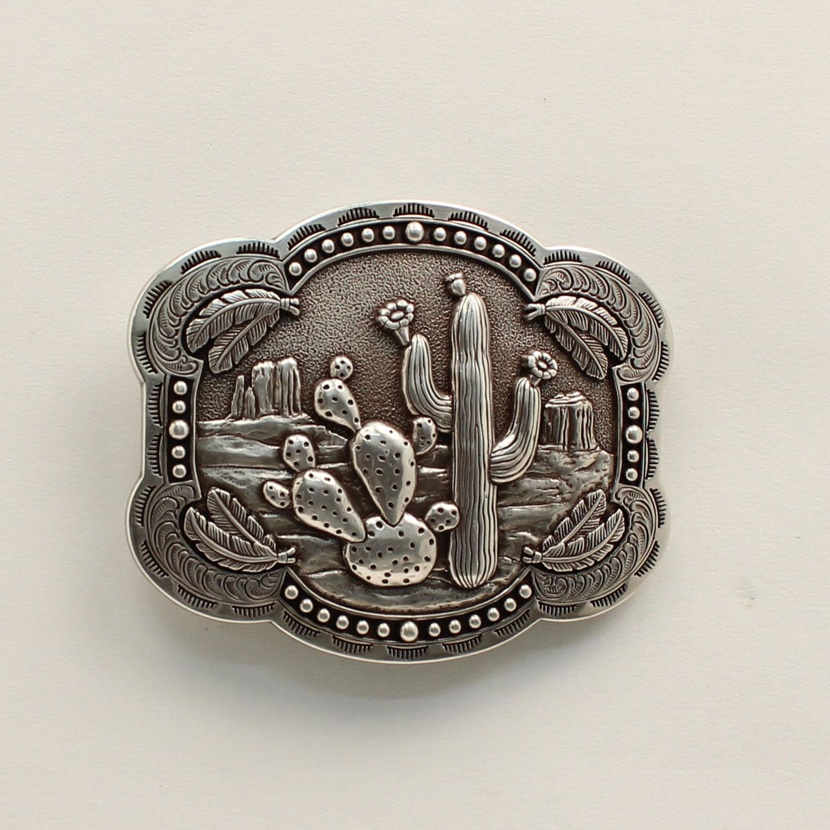 Western Rectangle Smooth Edge Cactus & Feather Belt Buckle