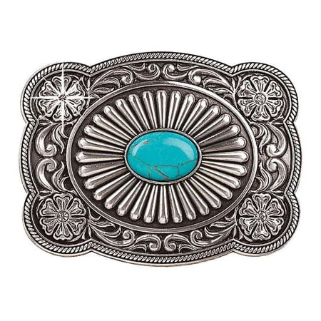 Western Rectangle Scalloped Edge Fan Belt Buckle – Turquoise