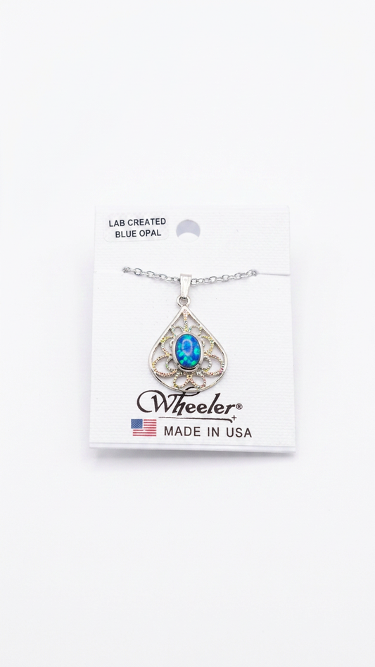 Wheeler Sterling Lab Created Blue Opal Filigree Necklace