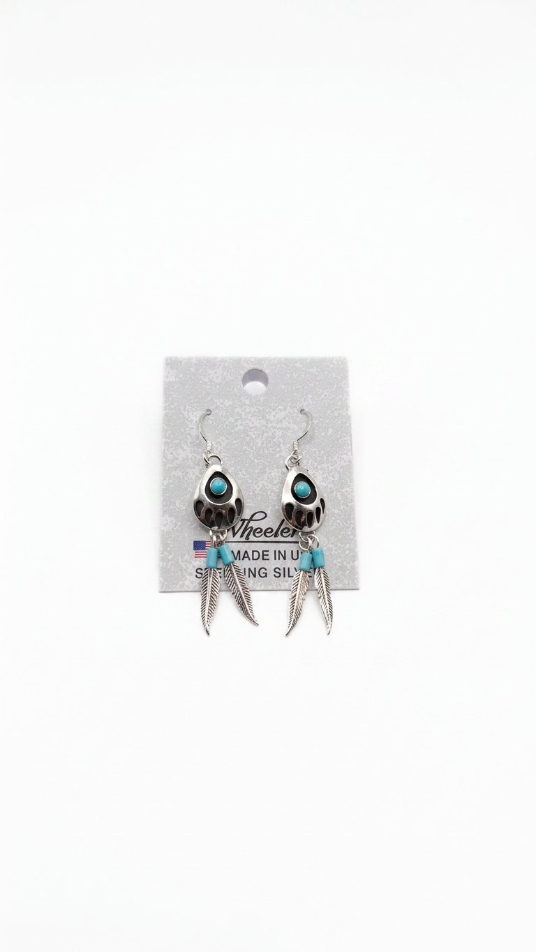 Wheeler Sterling Bear Paw Feather Dangle Earrings