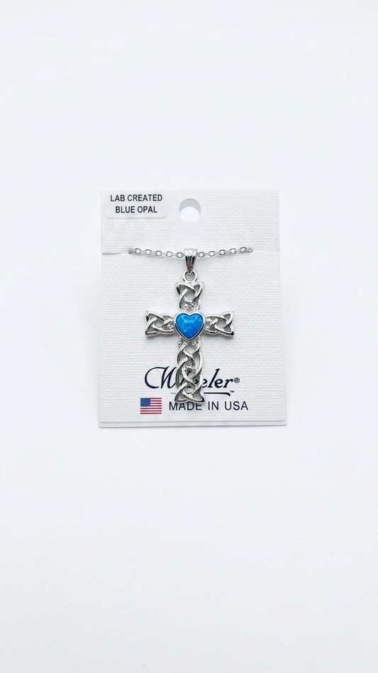 Wheeler Lab Created Blue Opal Filigree Cross Pendant Necklace