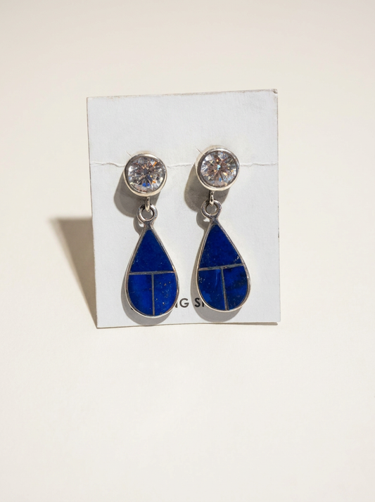 Ss Sterling Lapis Earrings Cubic Zirconia Drop