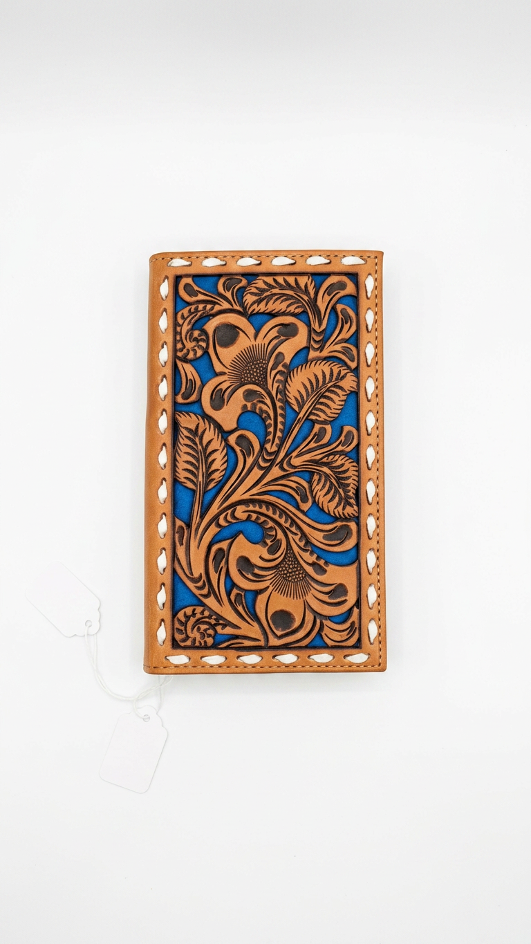 Nocona Tooled Leather Rodeo Checkbook Cover Wallet with Inlay