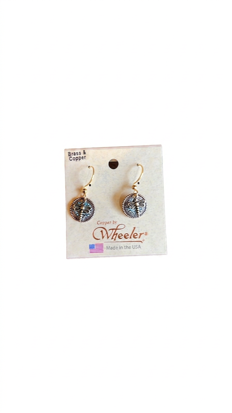 Wheeler Brass Copper Dragonfly Dangle Earrings