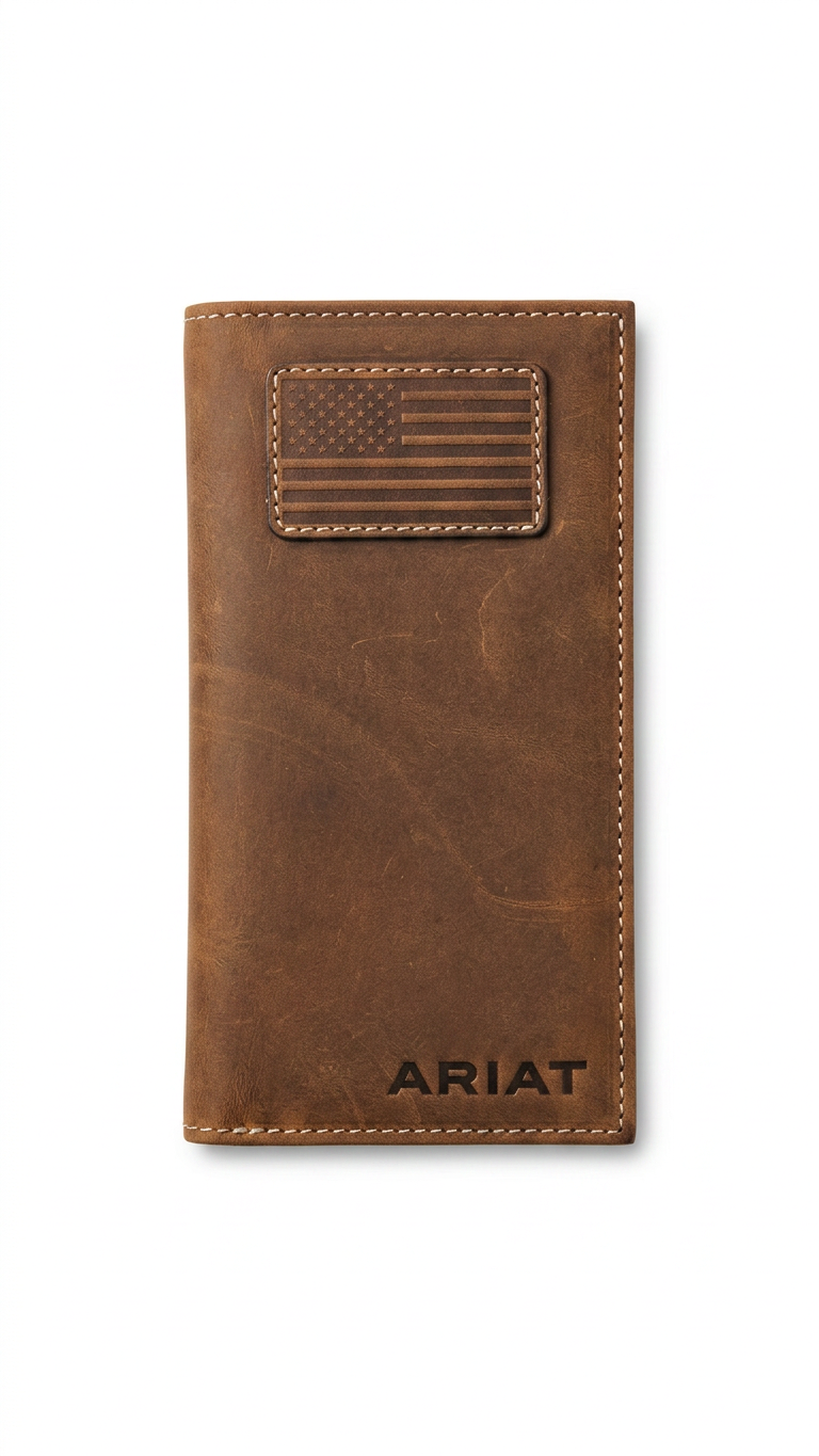Ariat Men' Rodeo Distressed Leather American Flag Checkbook Wallet