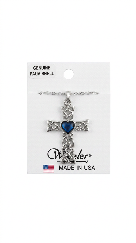 Wheeler Paua Shell Heart Trinity Cross Pendant Necklace