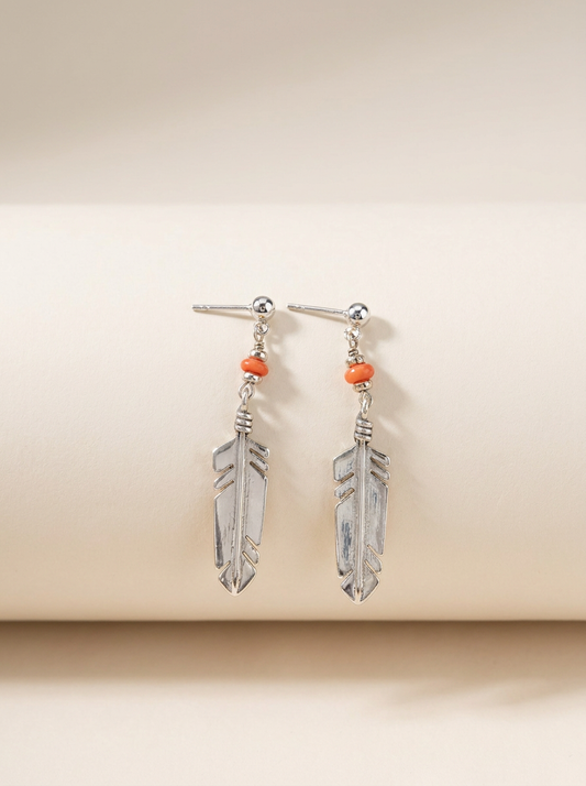 Navajo Handmade Feather & Spiny Oyster Bead Stud Earrings
